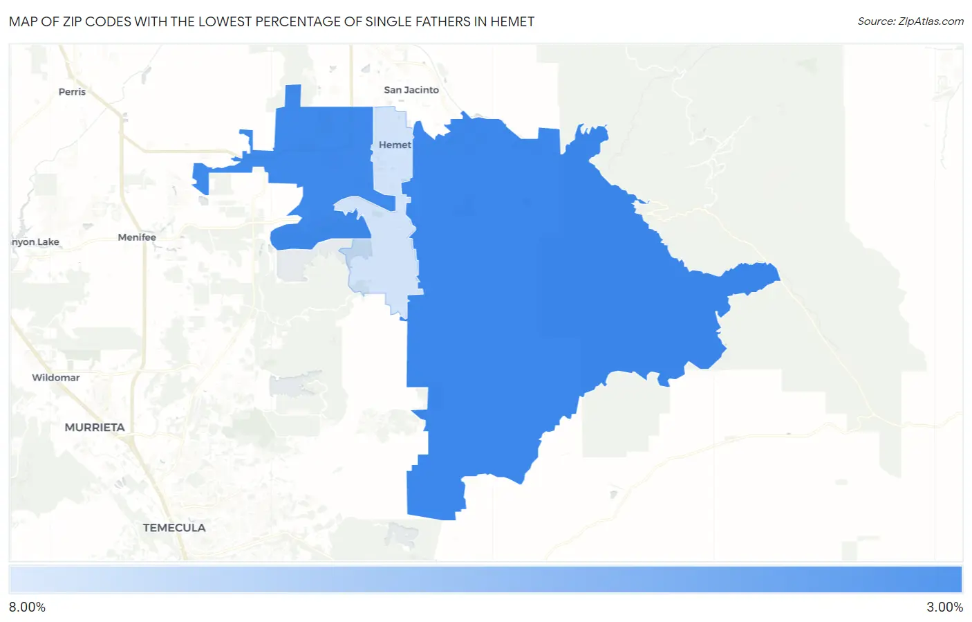 Zip Codes with the Lowest Percentage of Single Fathers in Hemet Map
