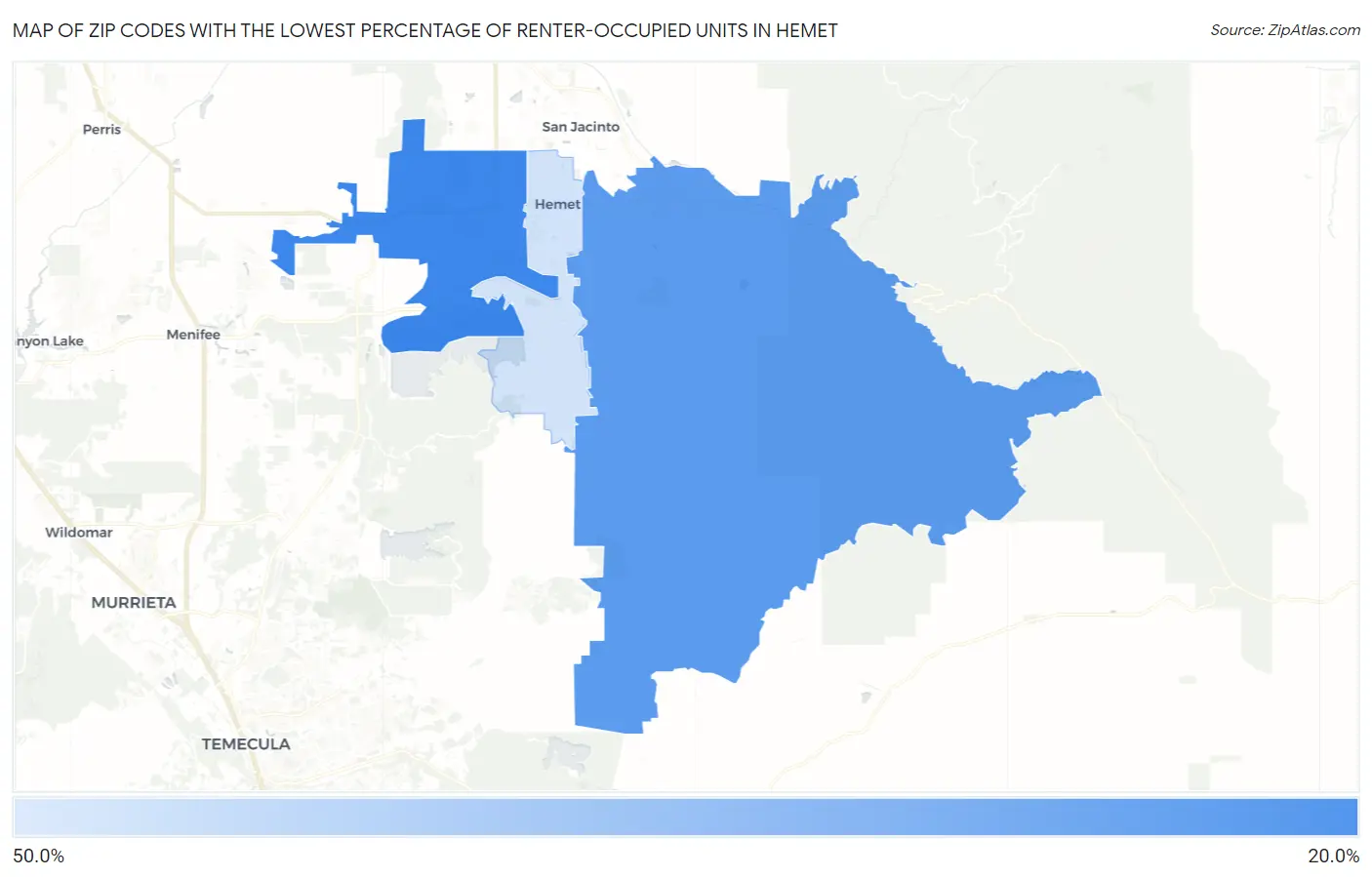 Zip Codes with the Lowest Percentage of Renter-Occupied Units in Hemet Map