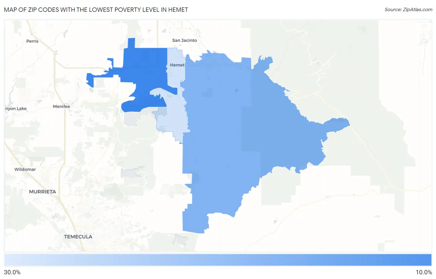 Zip Codes with the Lowest Poverty Level in Hemet Map