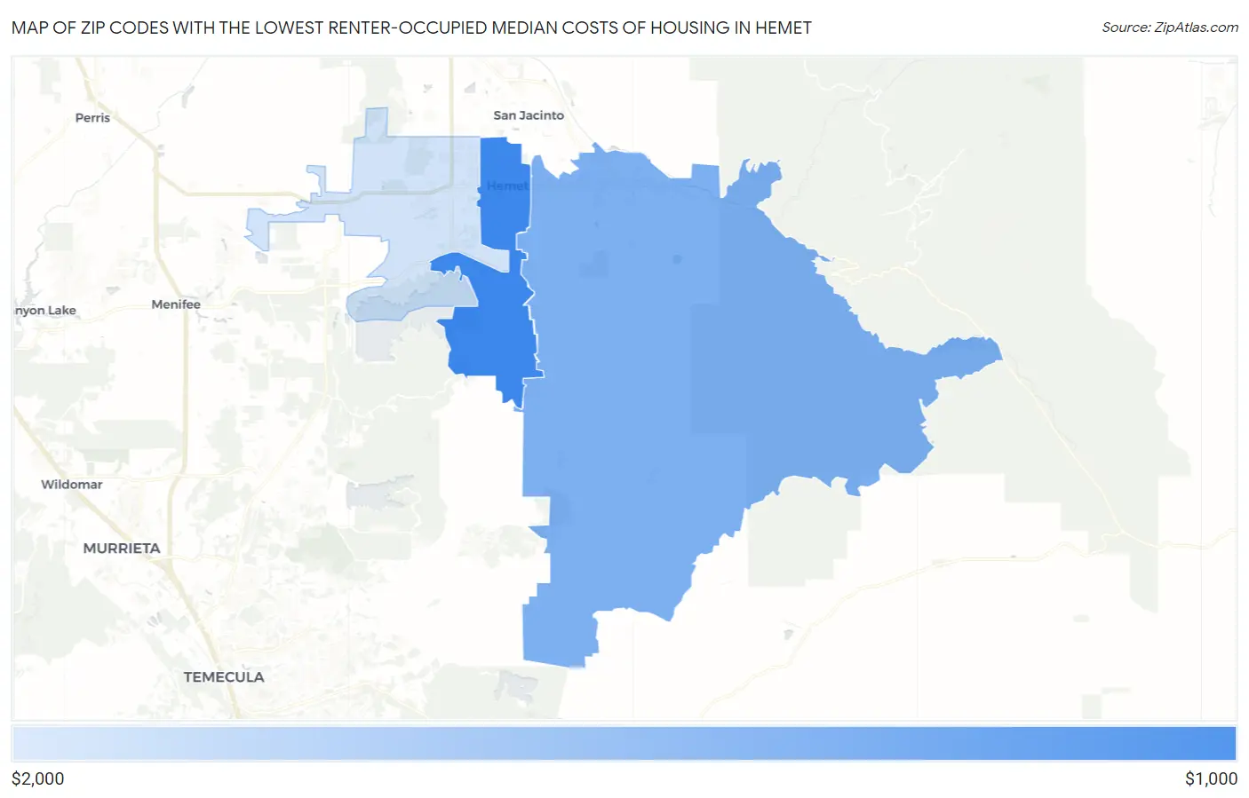 Zip Codes with the Lowest Renter-Occupied Median Costs of Housing in Hemet Map