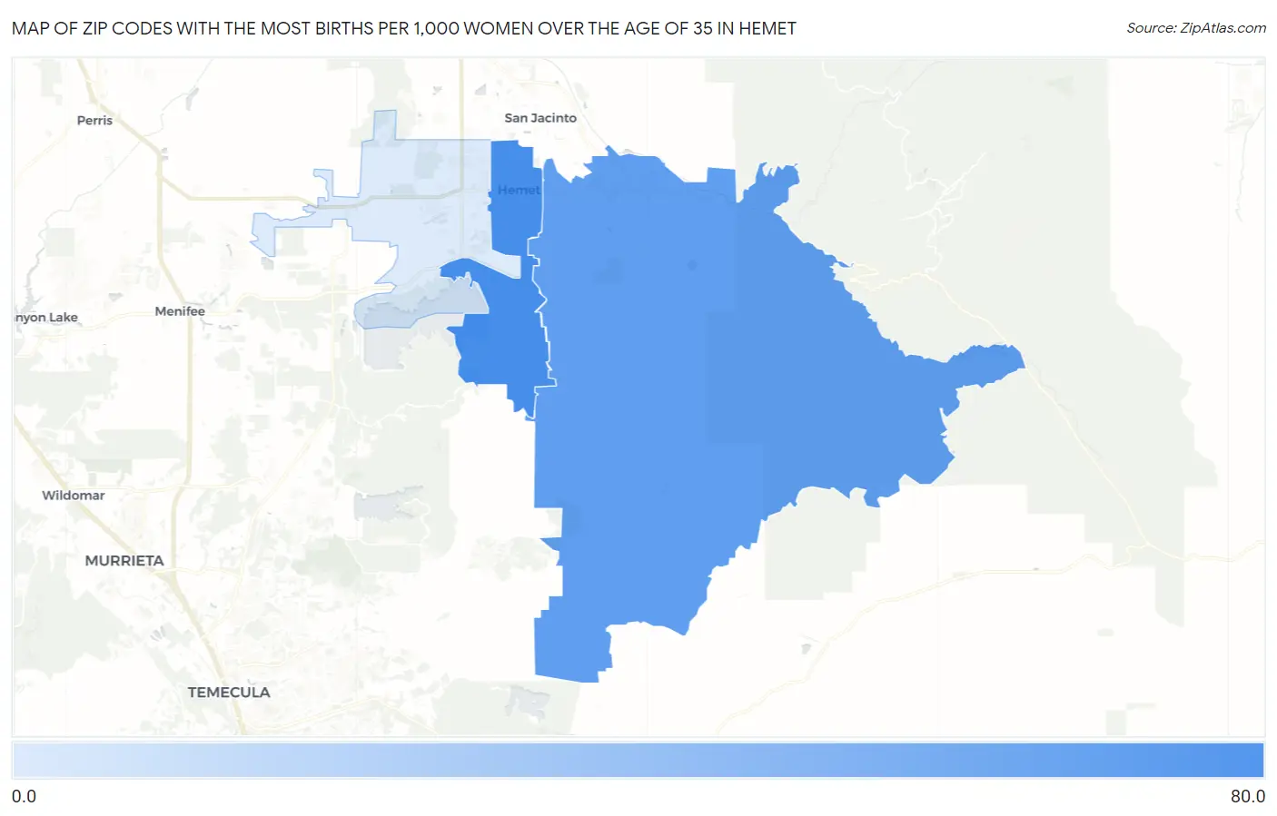 Zip Codes with the Most Births per 1,000 Women Over the Age of 35 in Hemet Map