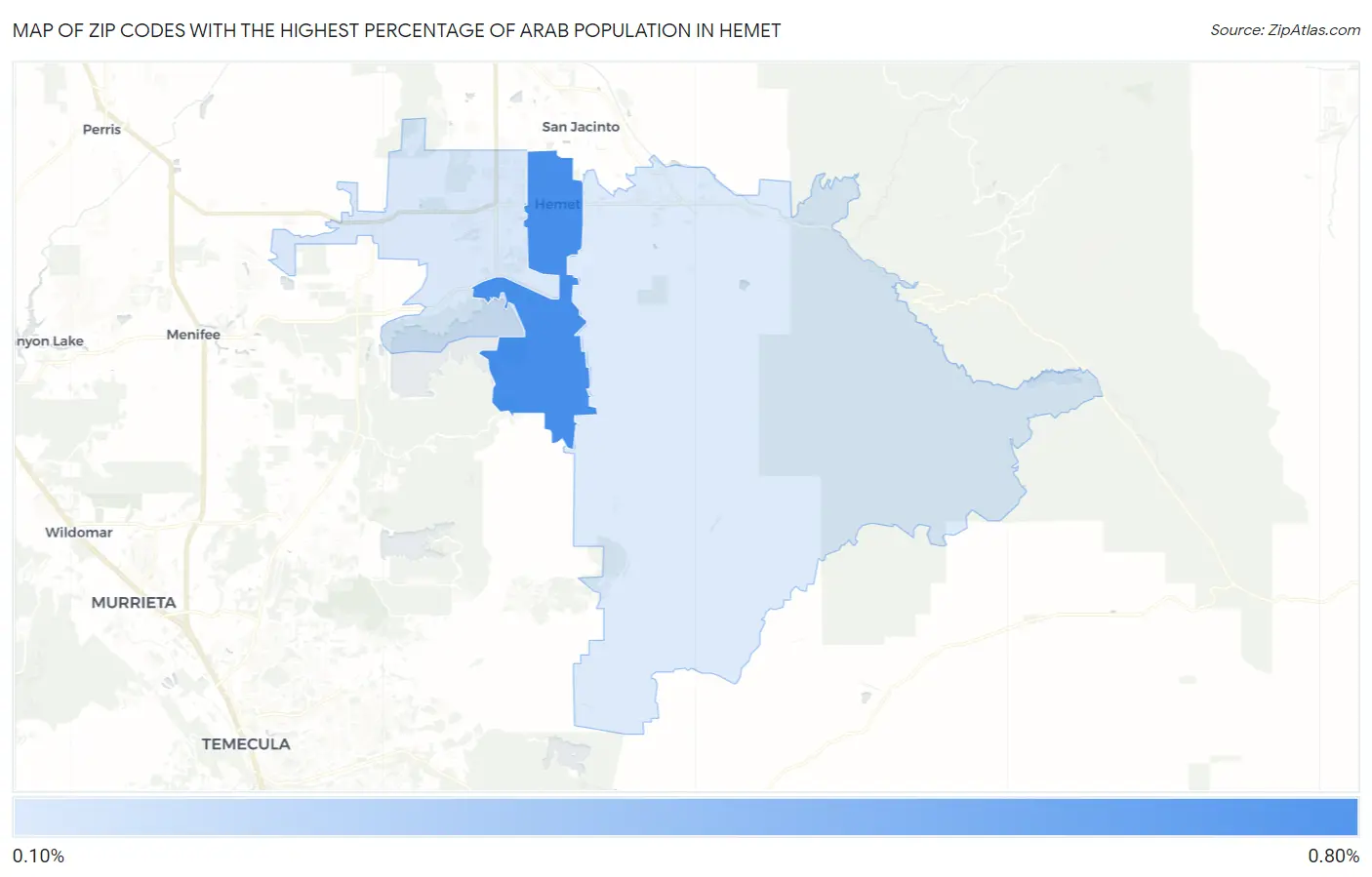 Zip Codes with the Highest Percentage of Arab Population in Hemet Map