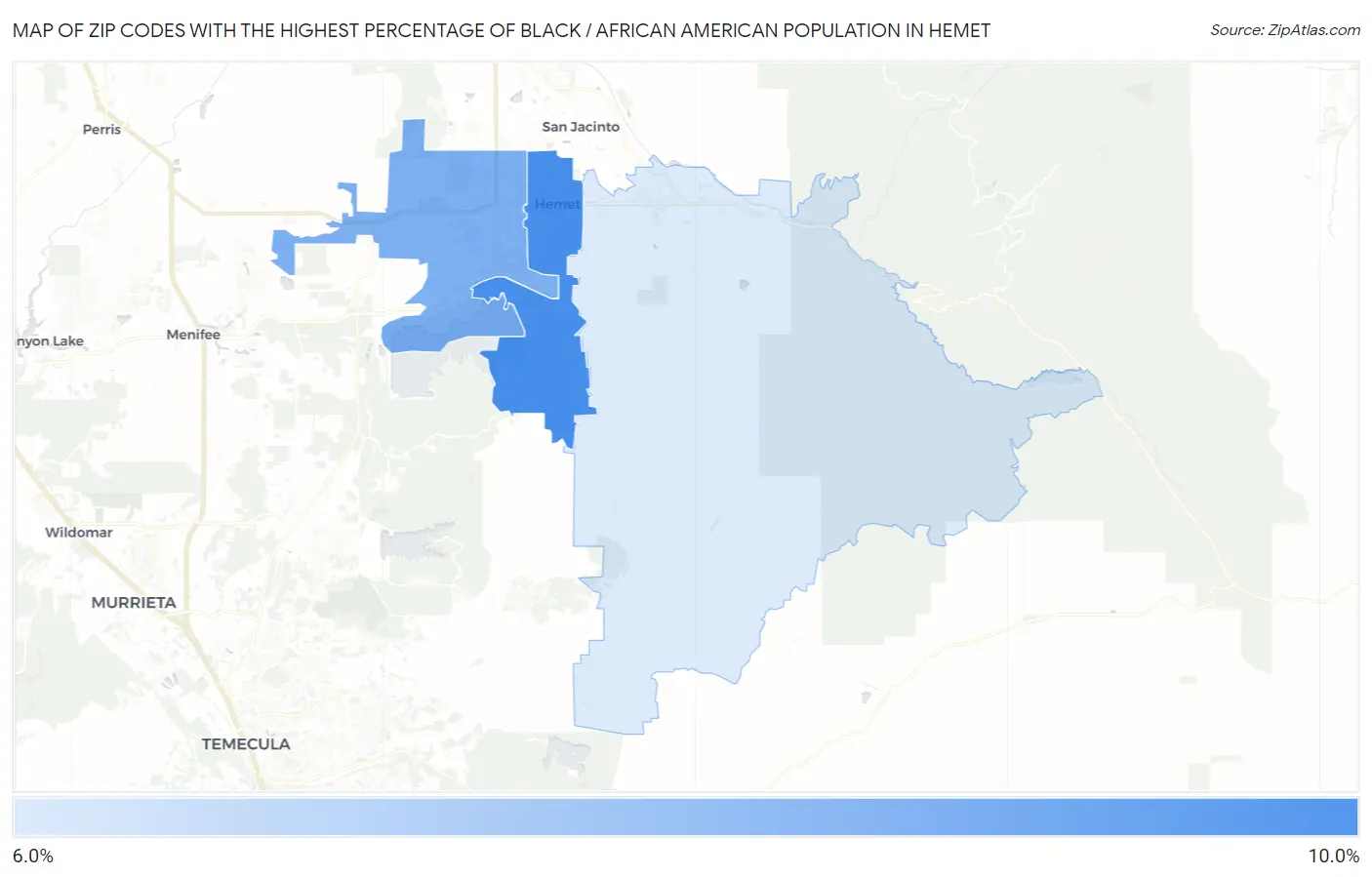 Zip Codes with the Highest Percentage of Black / African American Population in Hemet Map
