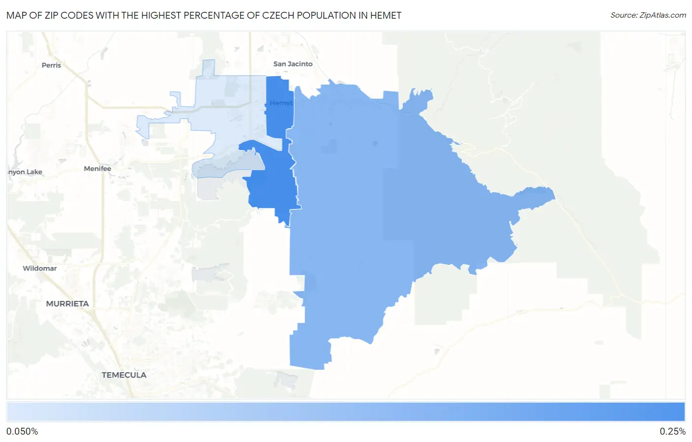 Zip Codes with the Highest Percentage of Czech Population in Hemet Map