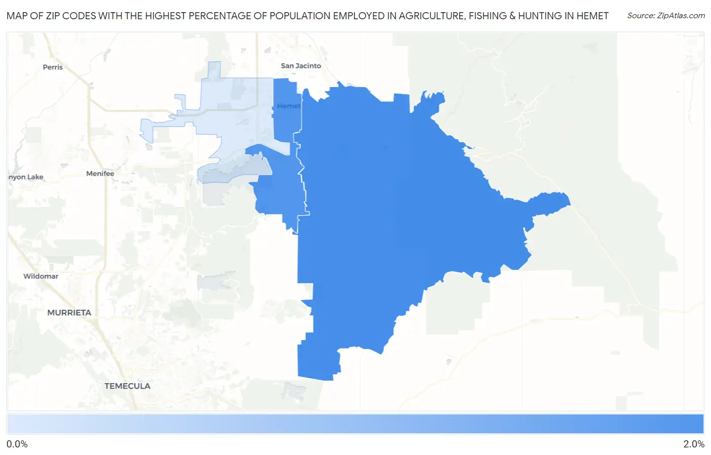 Zip Codes with the Highest Percentage of Population Employed in Agriculture, Fishing & Hunting in Hemet Map