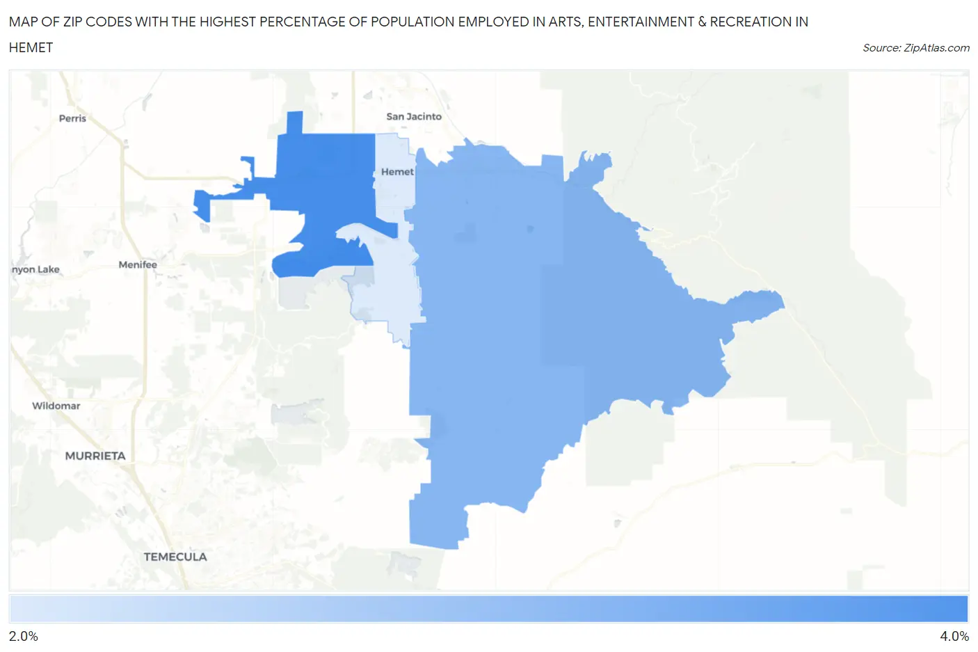 Zip Codes with the Highest Percentage of Population Employed in Arts, Entertainment & Recreation in Hemet Map