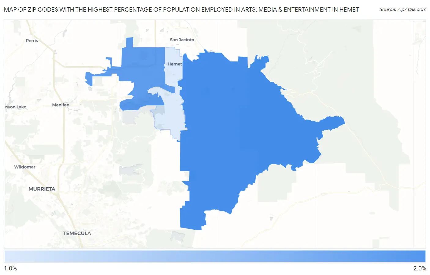 Zip Codes with the Highest Percentage of Population Employed in Arts, Media & Entertainment in Hemet Map
