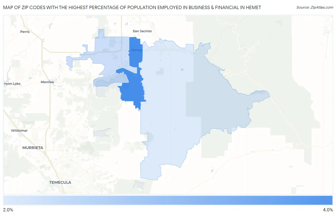 Zip Codes with the Highest Percentage of Population Employed in Business & Financial in Hemet Map