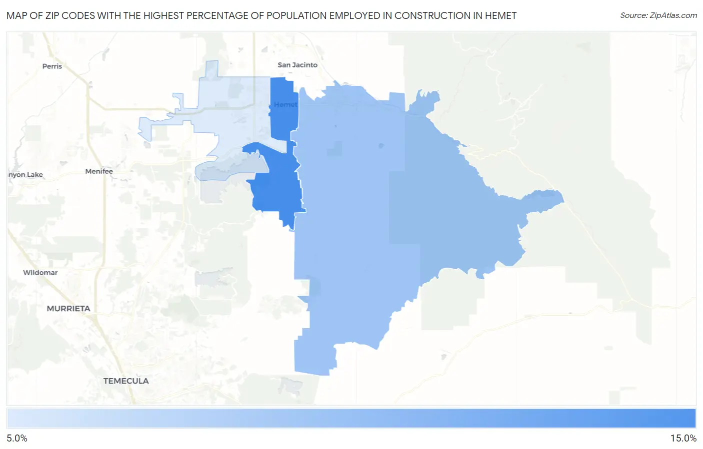 Zip Codes with the Highest Percentage of Population Employed in Construction in Hemet Map