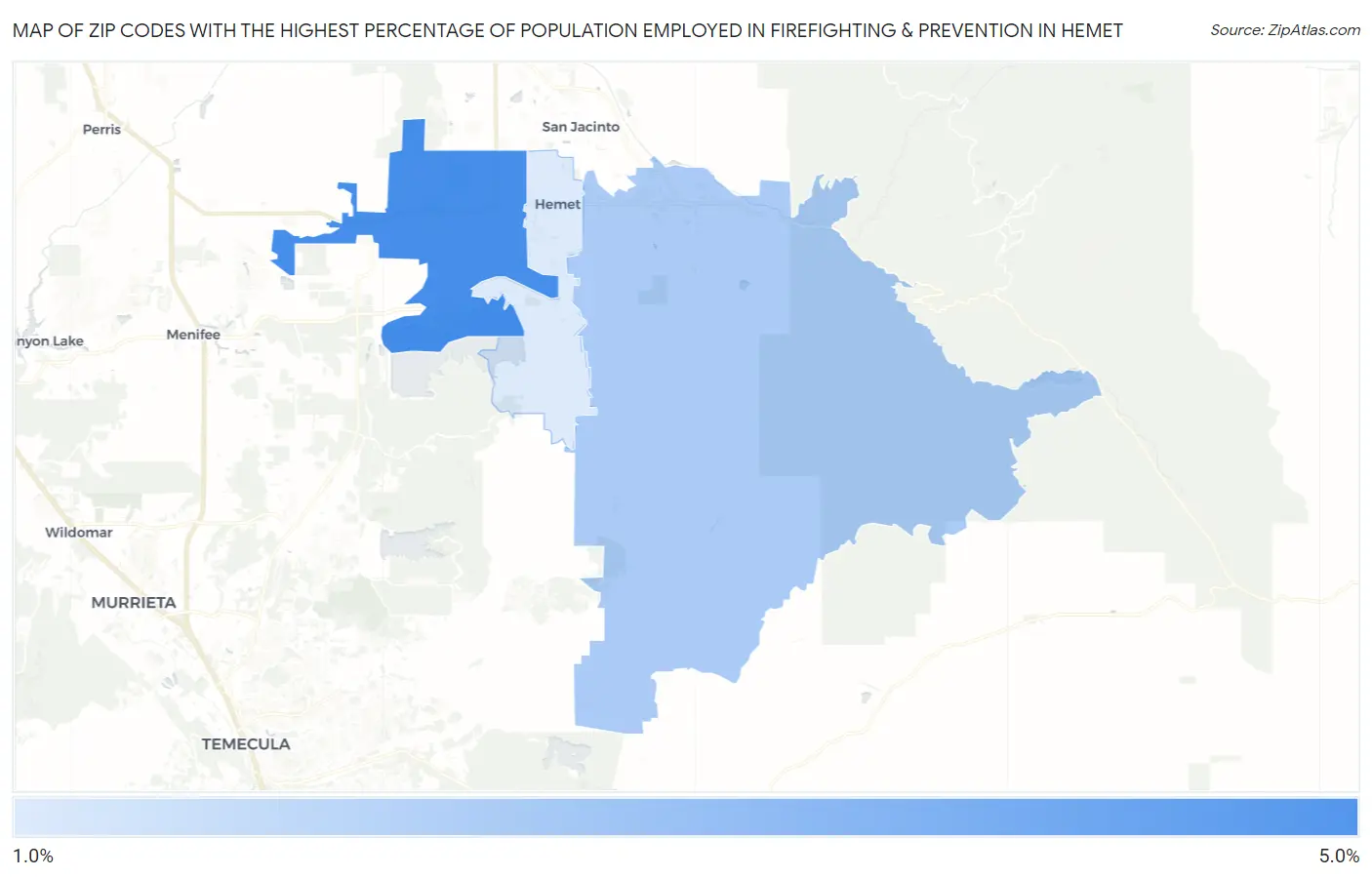 Zip Codes with the Highest Percentage of Population Employed in Firefighting & Prevention in Hemet Map