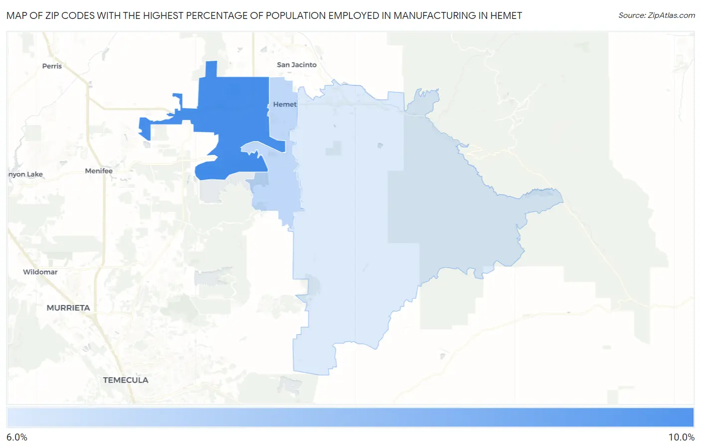 Zip Codes with the Highest Percentage of Population Employed in Manufacturing in Hemet Map