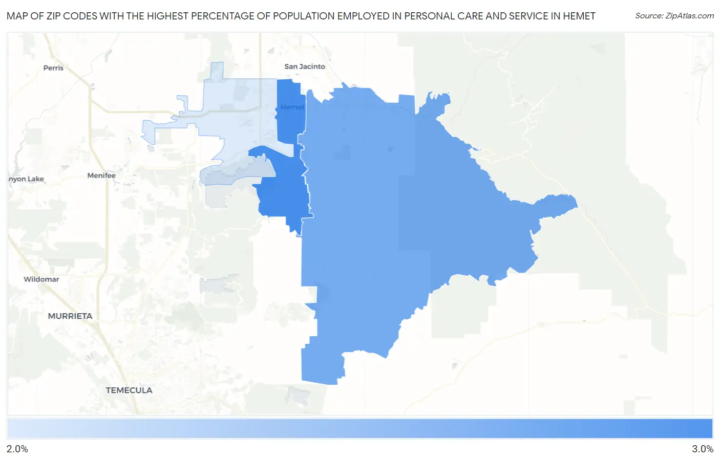 Zip Codes with the Highest Percentage of Population Employed in Personal Care and Service in Hemet Map