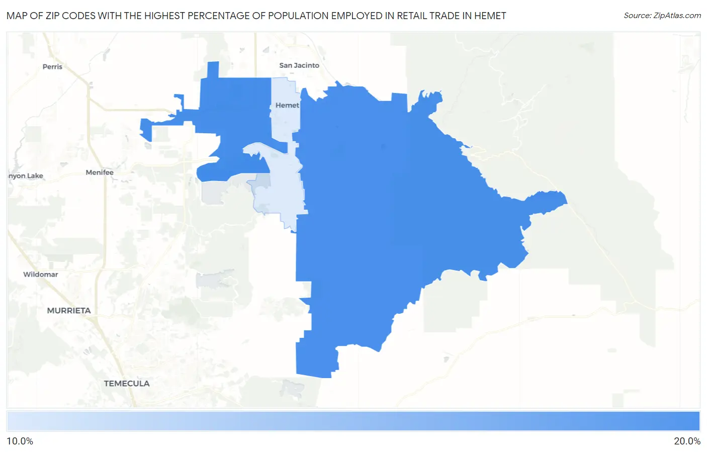 Zip Codes with the Highest Percentage of Population Employed in Retail Trade in Hemet Map