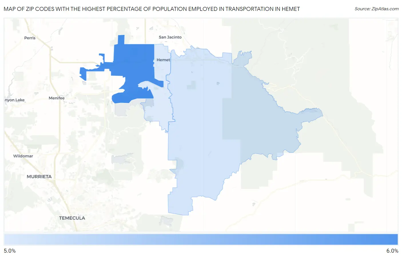 Zip Codes with the Highest Percentage of Population Employed in Transportation in Hemet Map