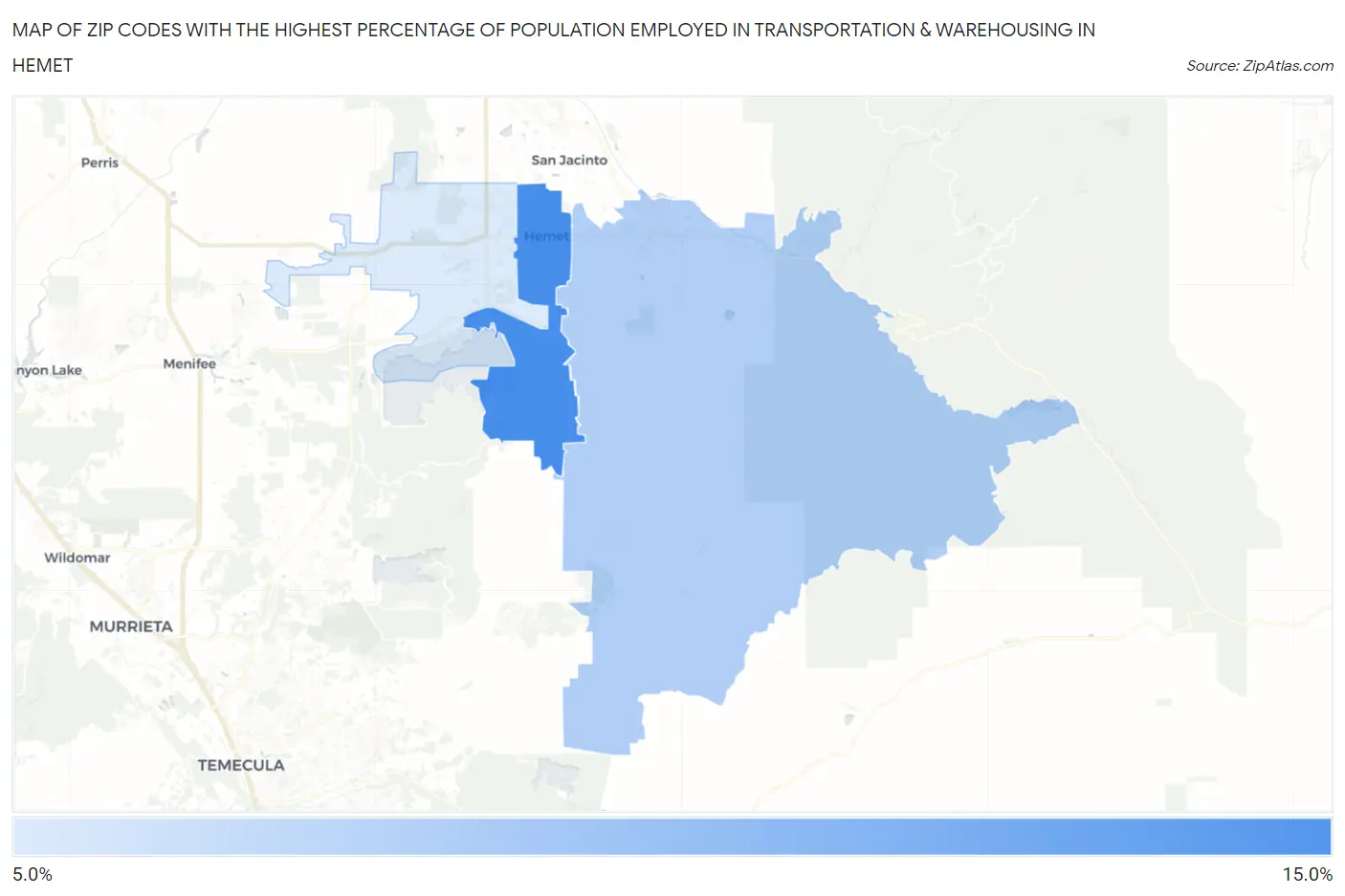 Zip Codes with the Highest Percentage of Population Employed in Transportation & Warehousing in Hemet Map