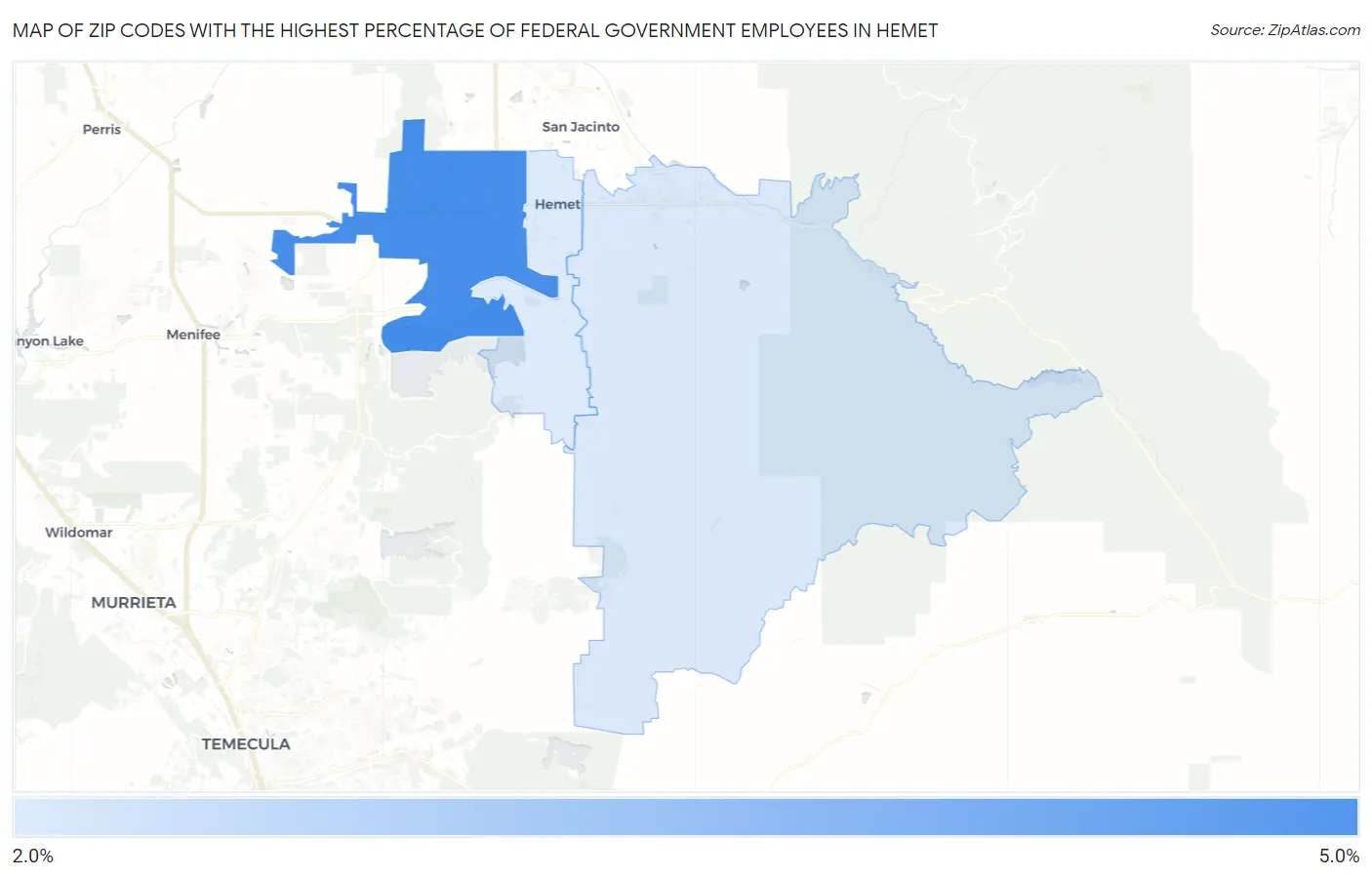 Zip Codes with the Highest Percentage of Federal Government Employees in Hemet Map