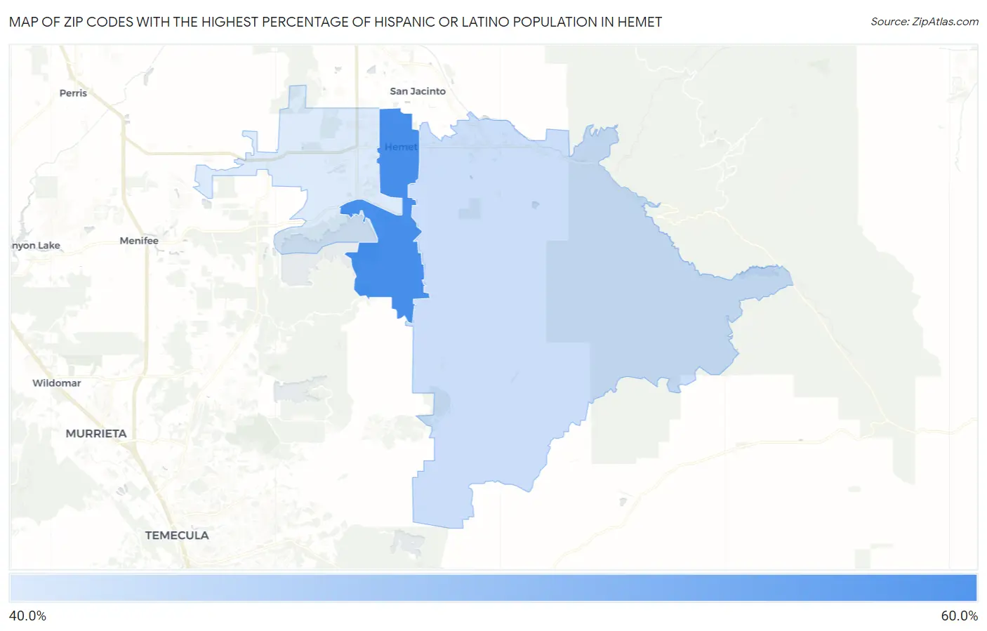 Zip Codes with the Highest Percentage of Hispanic or Latino Population in Hemet Map