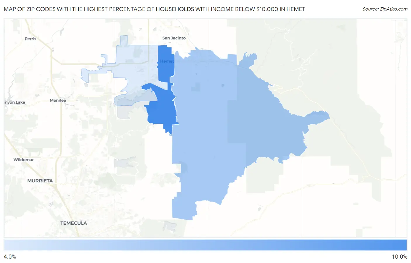 Zip Codes with the Highest Percentage of Households with Income Below $10,000 in Hemet Map