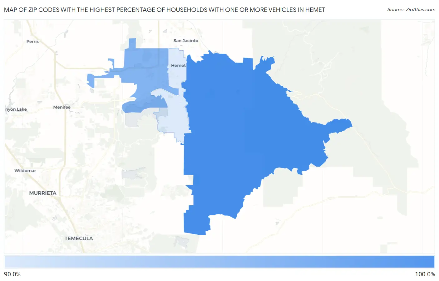 Zip Codes with the Highest Percentage of Households With One or more Vehicles in Hemet Map