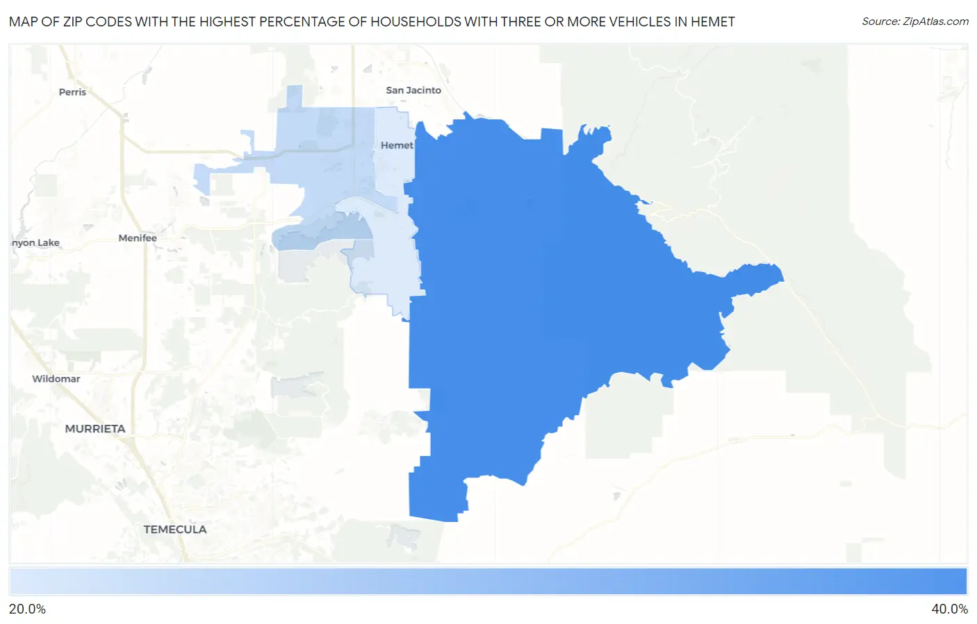 Zip Codes with the Highest Percentage of Households With Three or more Vehicles in Hemet Map