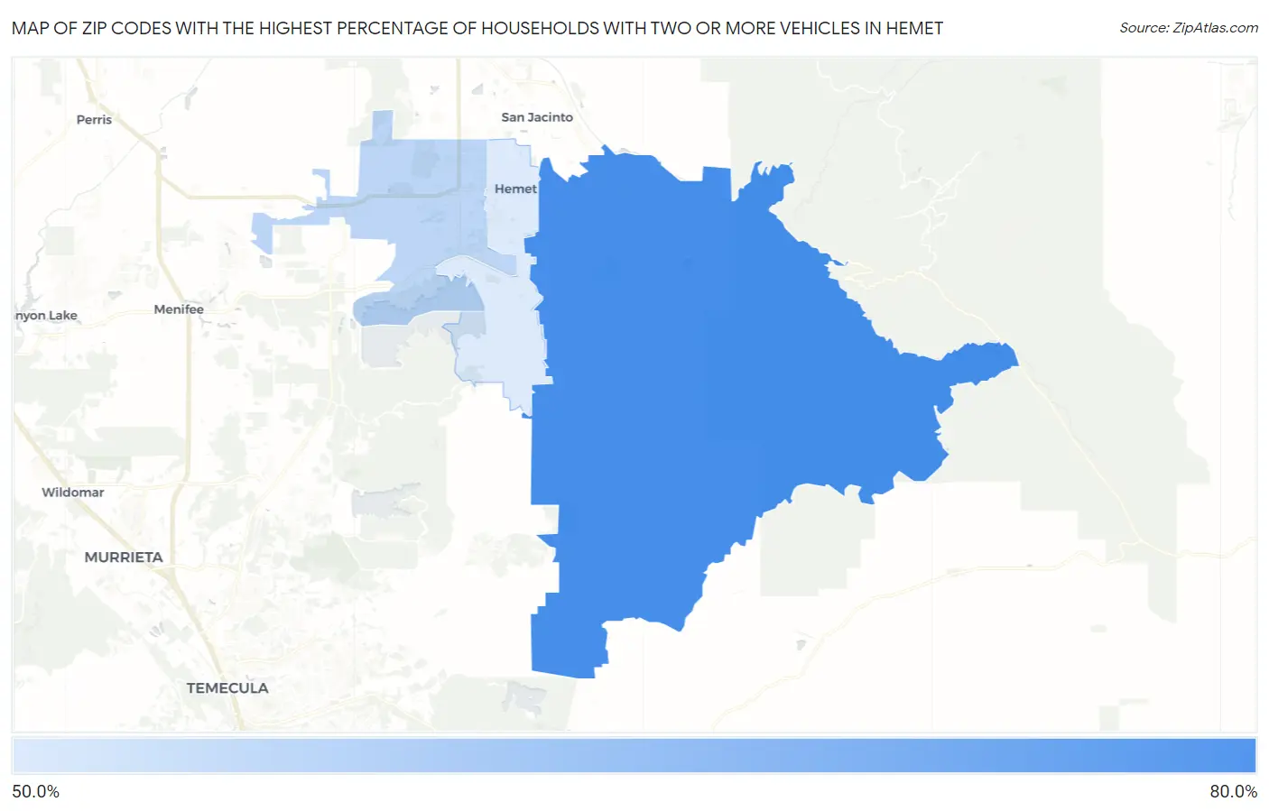 Zip Codes with the Highest Percentage of Households With Two or more Vehicles in Hemet Map