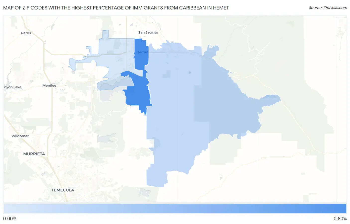 Zip Codes with the Highest Percentage of Immigrants from Caribbean in Hemet Map