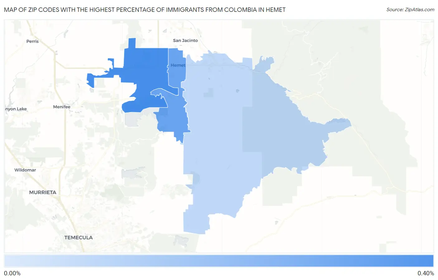 Zip Codes with the Highest Percentage of Immigrants from Colombia in Hemet Map