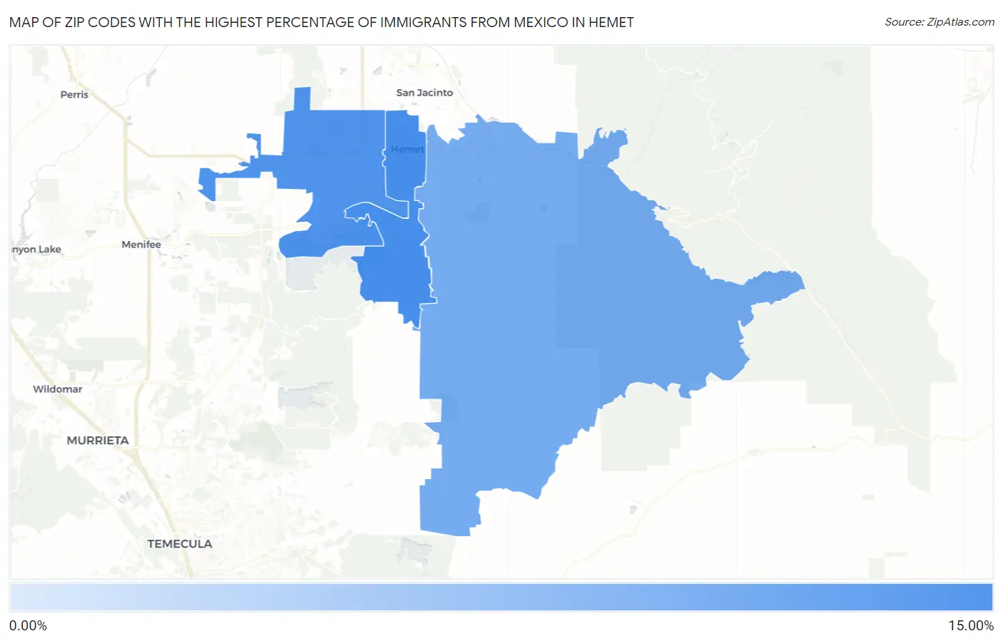 Zip Codes with the Highest Percentage of Immigrants from Mexico in Hemet Map