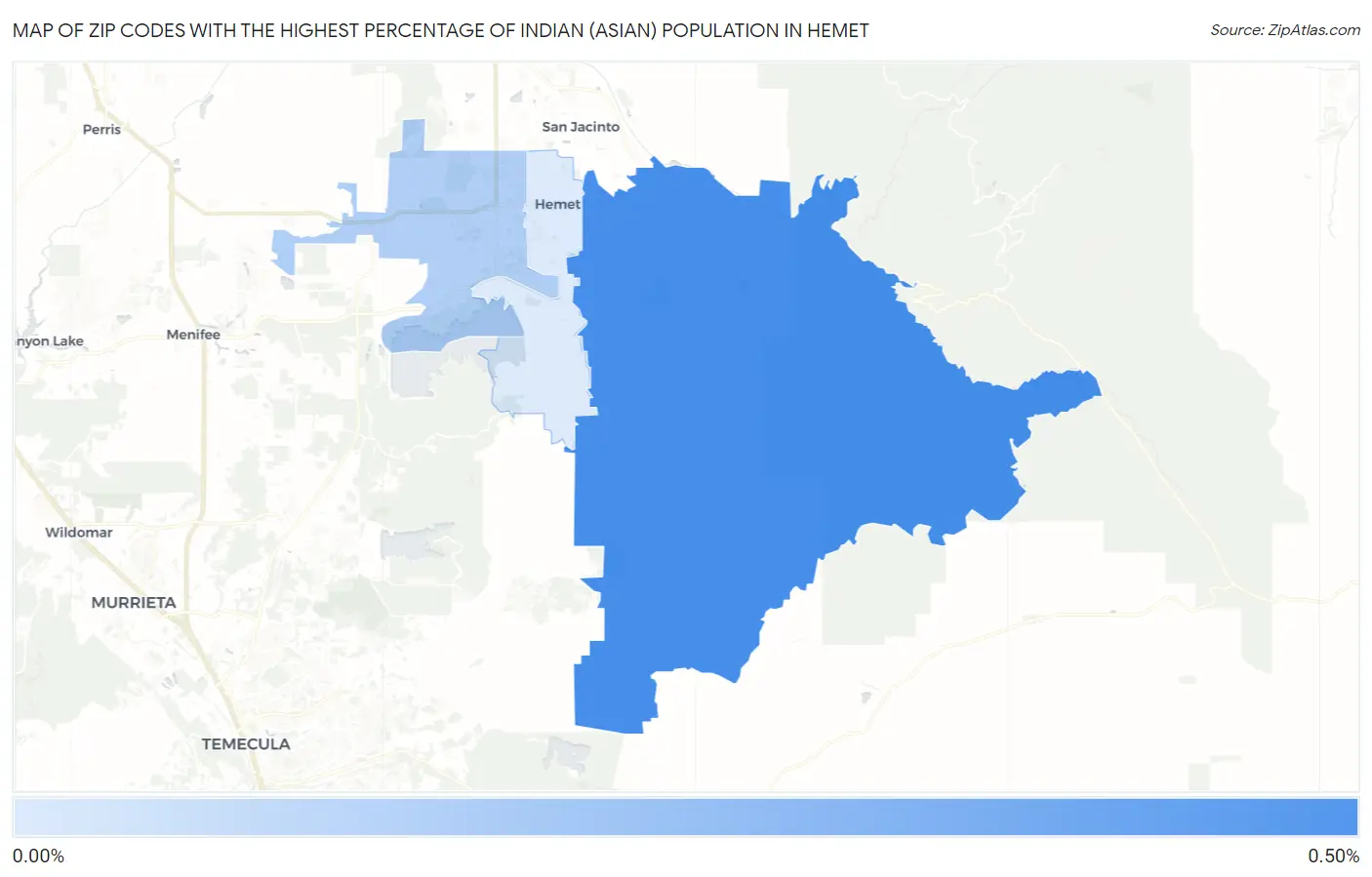 Zip Codes with the Highest Percentage of Indian (Asian) Population in Hemet Map