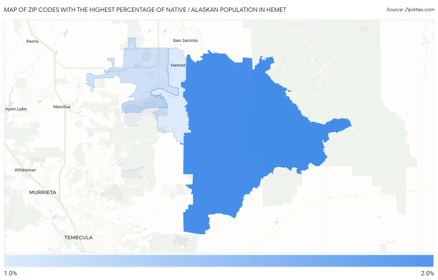 Zip Codes with the Highest Percentage of Native / Alaskan Population in Hemet Map