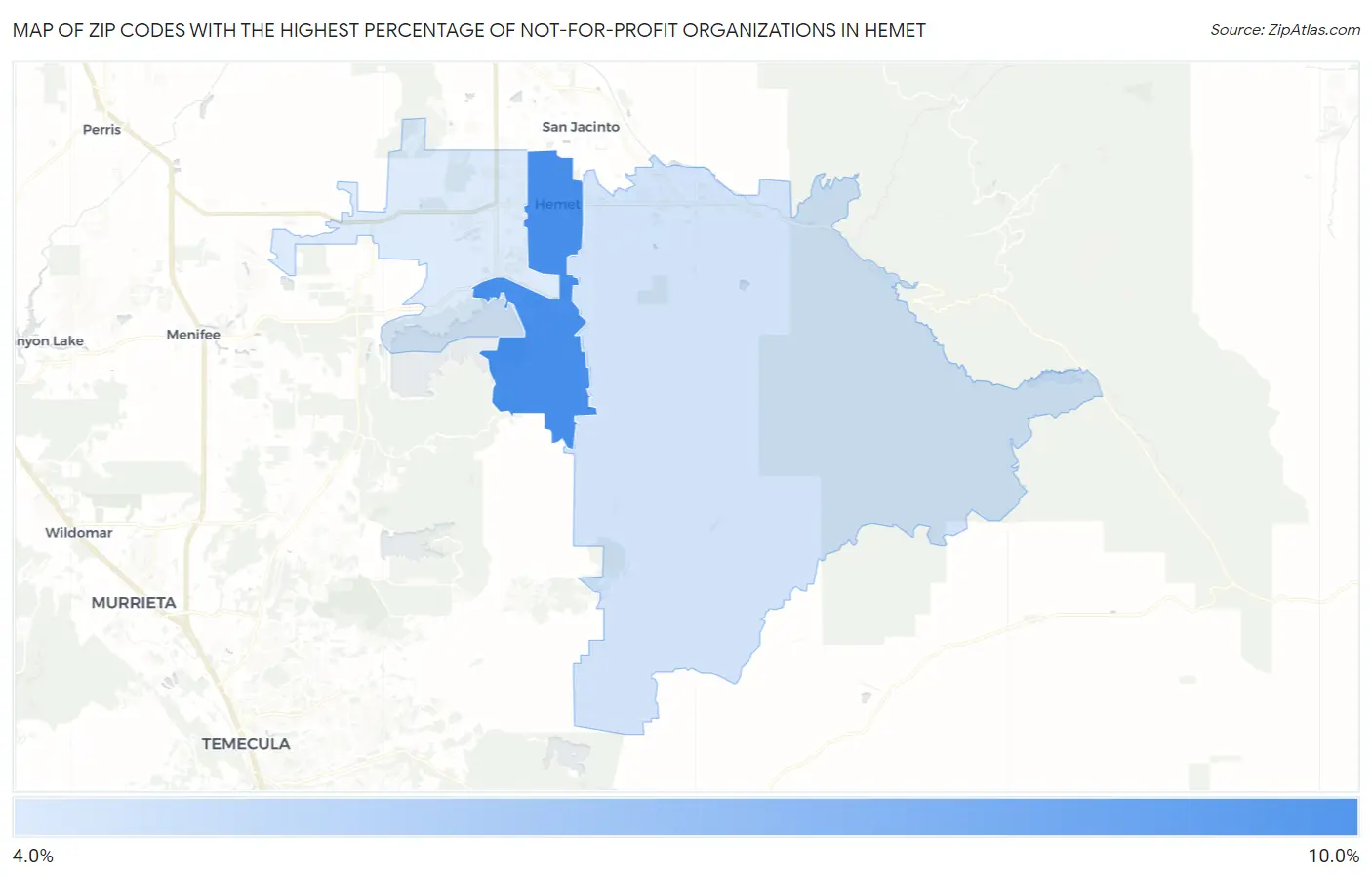 Zip Codes with the Highest Percentage of Not-for-profit Organizations in Hemet Map