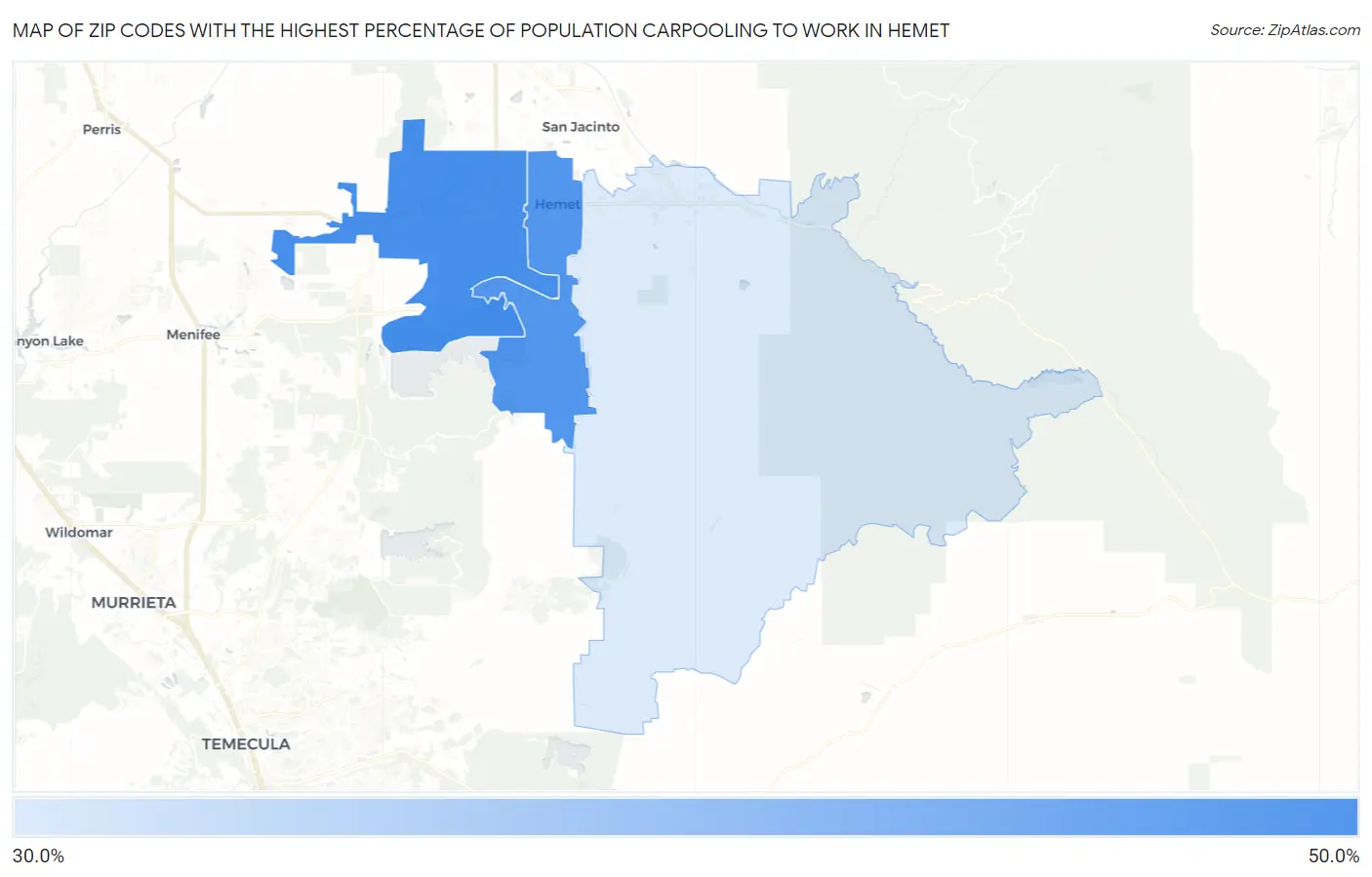 Zip Codes with the Highest Percentage of Population Carpooling to Work in Hemet Map