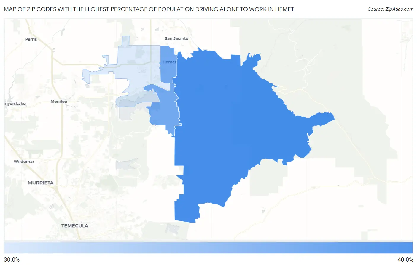 Zip Codes with the Highest Percentage of Population Driving Alone to Work in Hemet Map