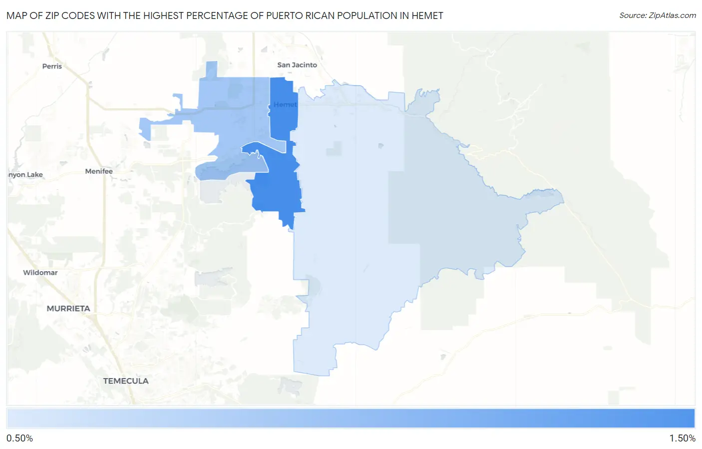 Zip Codes with the Highest Percentage of Puerto Rican Population in Hemet Map