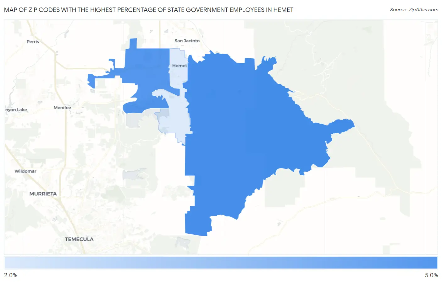 Zip Codes with the Highest Percentage of State Government Employees in Hemet Map