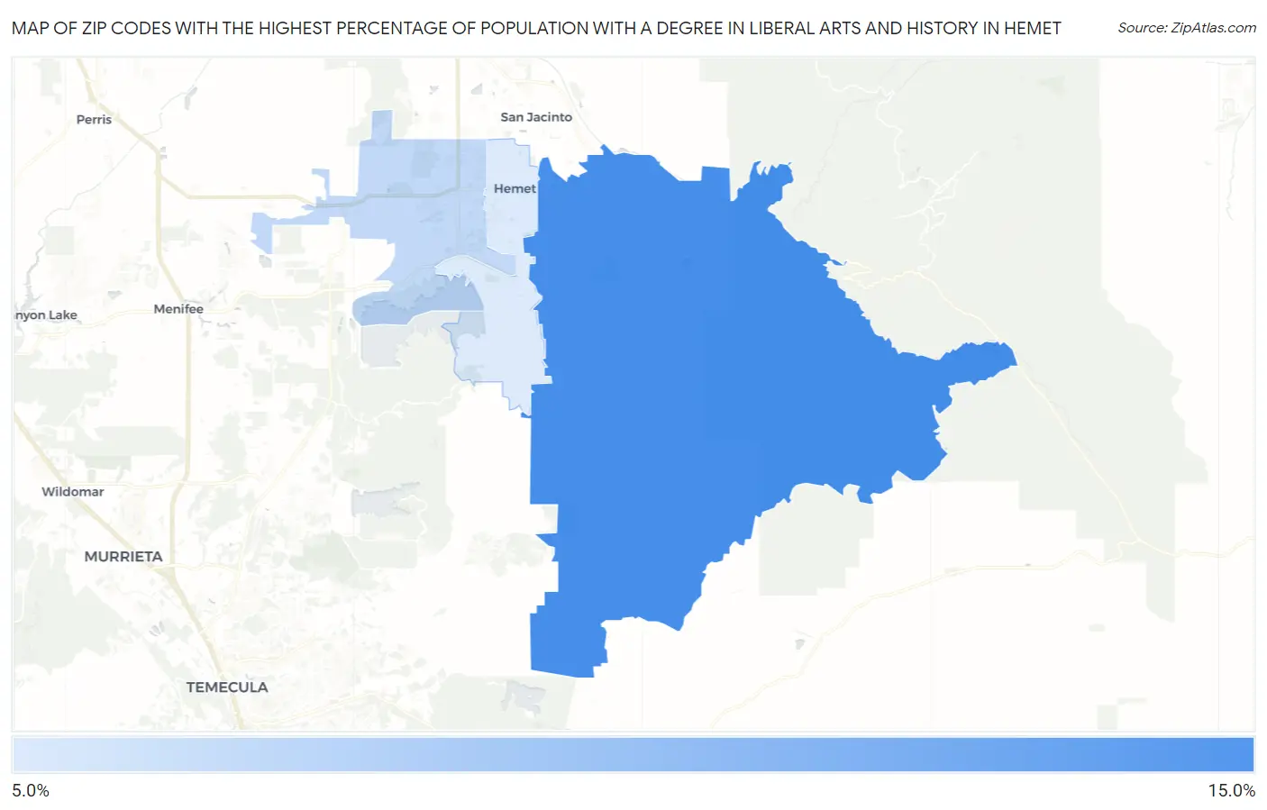 Zip Codes with the Highest Percentage of Population with a Degree in Liberal Arts and History in Hemet Map