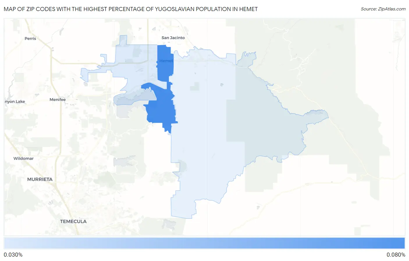 Zip Codes with the Highest Percentage of Yugoslavian Population in Hemet Map