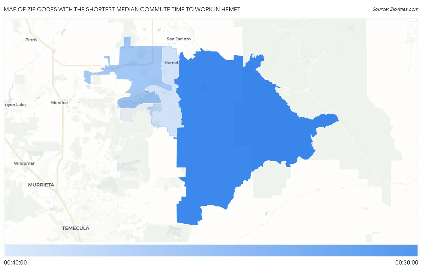 Zip Codes with the Shortest Median Commute Time to Work in Hemet Map