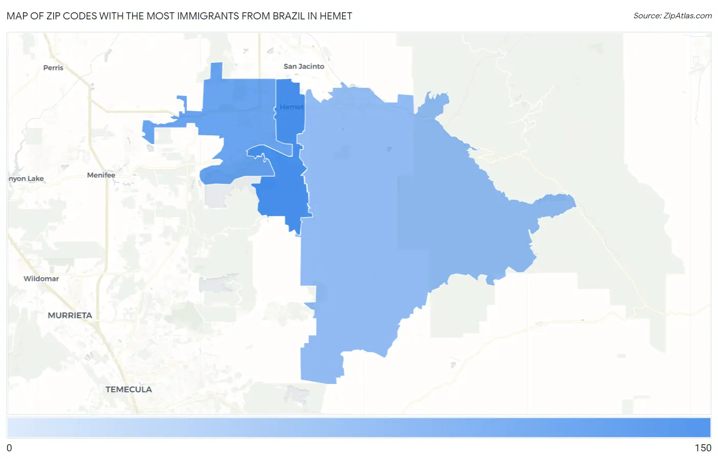 Zip Codes with the Most Immigrants from Brazil in Hemet Map