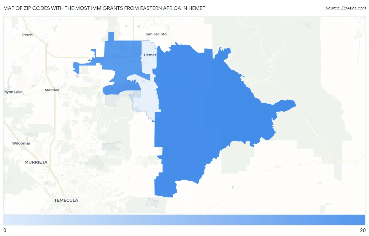 Zip Codes with the Most Immigrants from Eastern Africa in Hemet Map