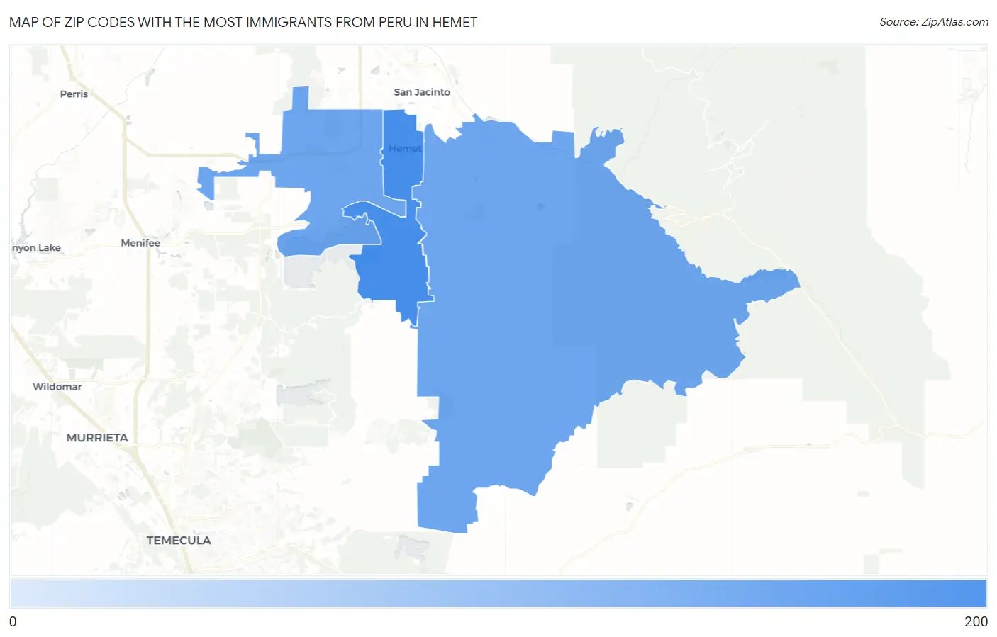 Zip Codes with the Most Immigrants from Peru in Hemet Map