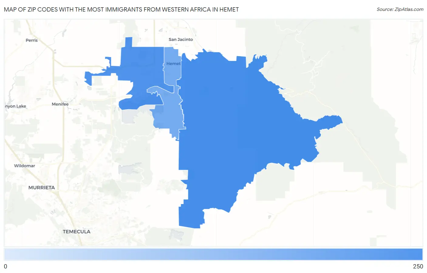Zip Codes with the Most Immigrants from Western Africa in Hemet Map