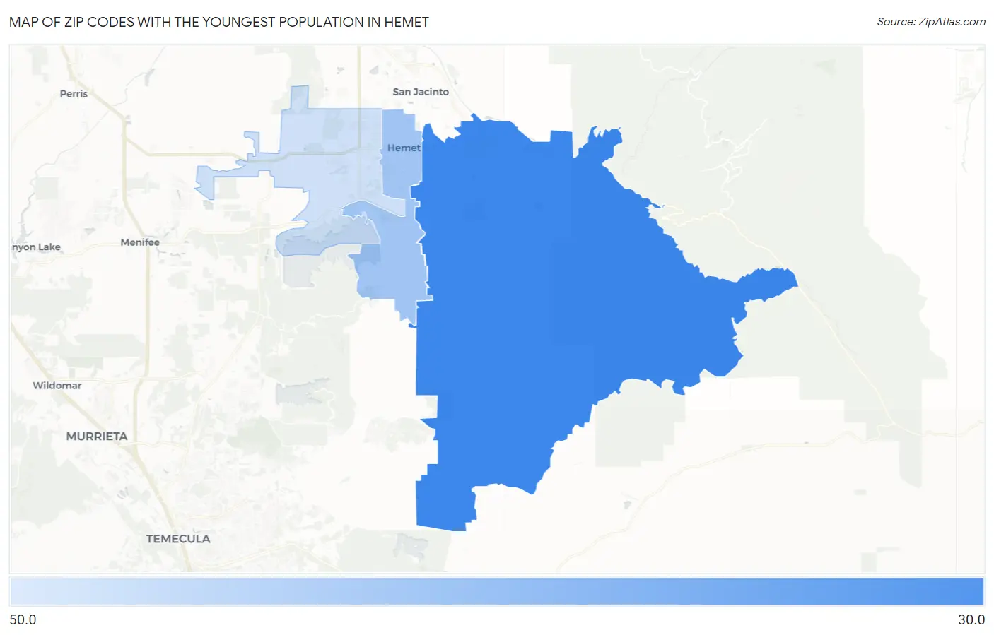 Zip Codes with the Youngest Population in Hemet Map