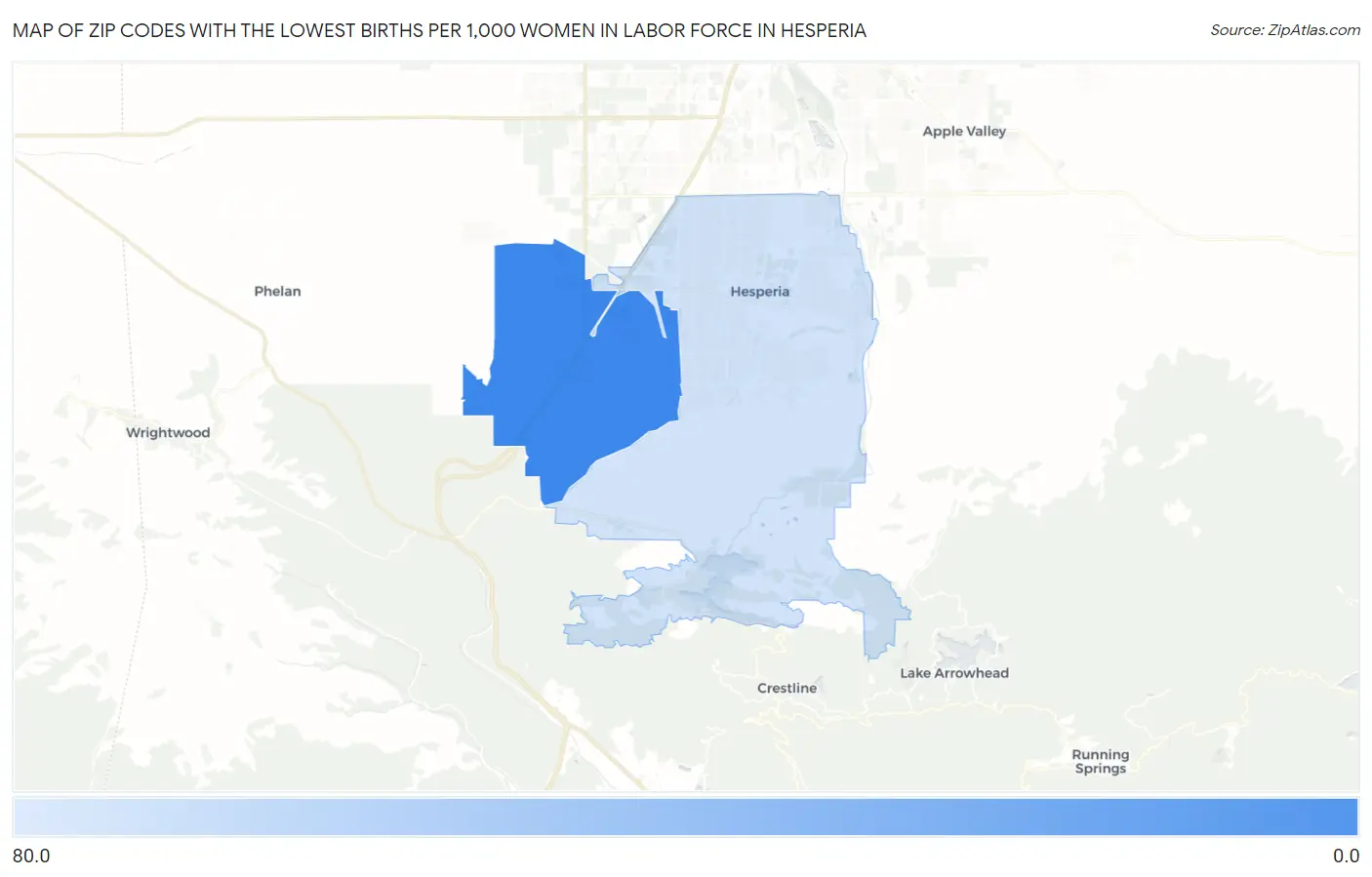 Zip Codes with the Lowest Births per 1,000 Women in Labor Force in Hesperia Map