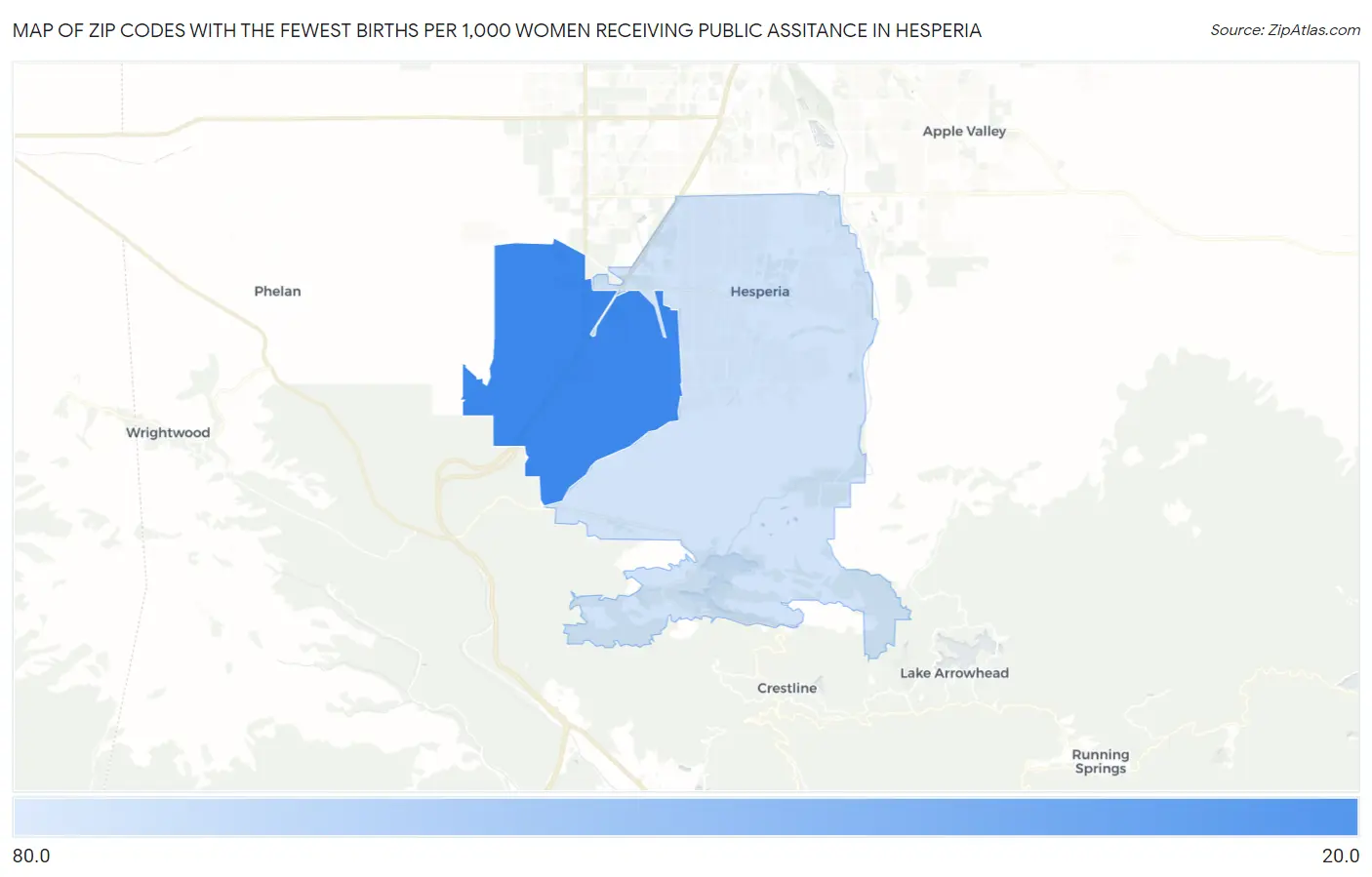 Zip Codes with the Fewest Births per 1,000 Women Receiving Public Assitance in Hesperia Map