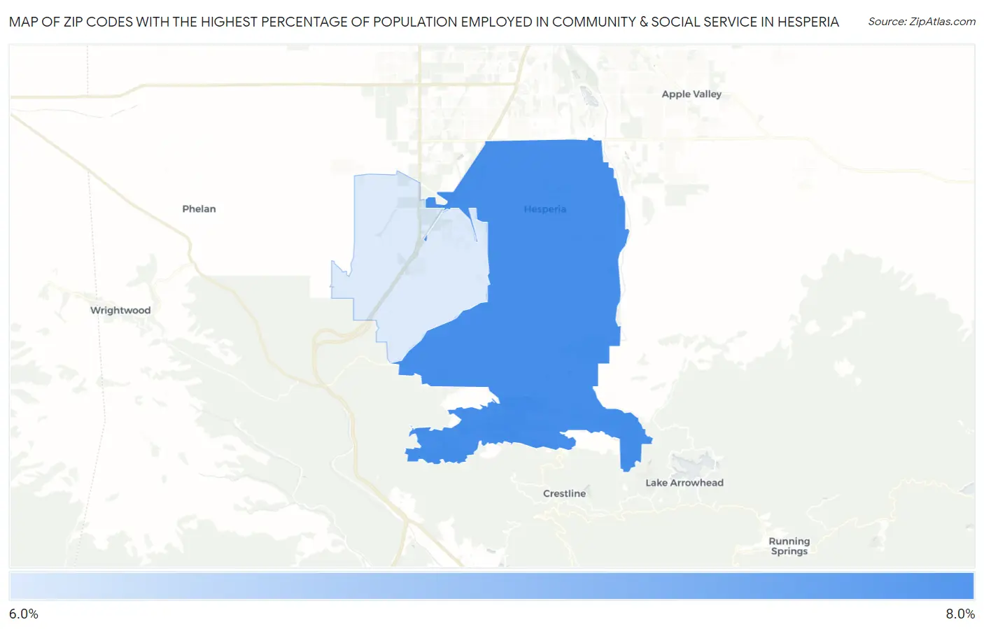 Zip Codes with the Highest Percentage of Population Employed in Community & Social Service  in Hesperia Map
