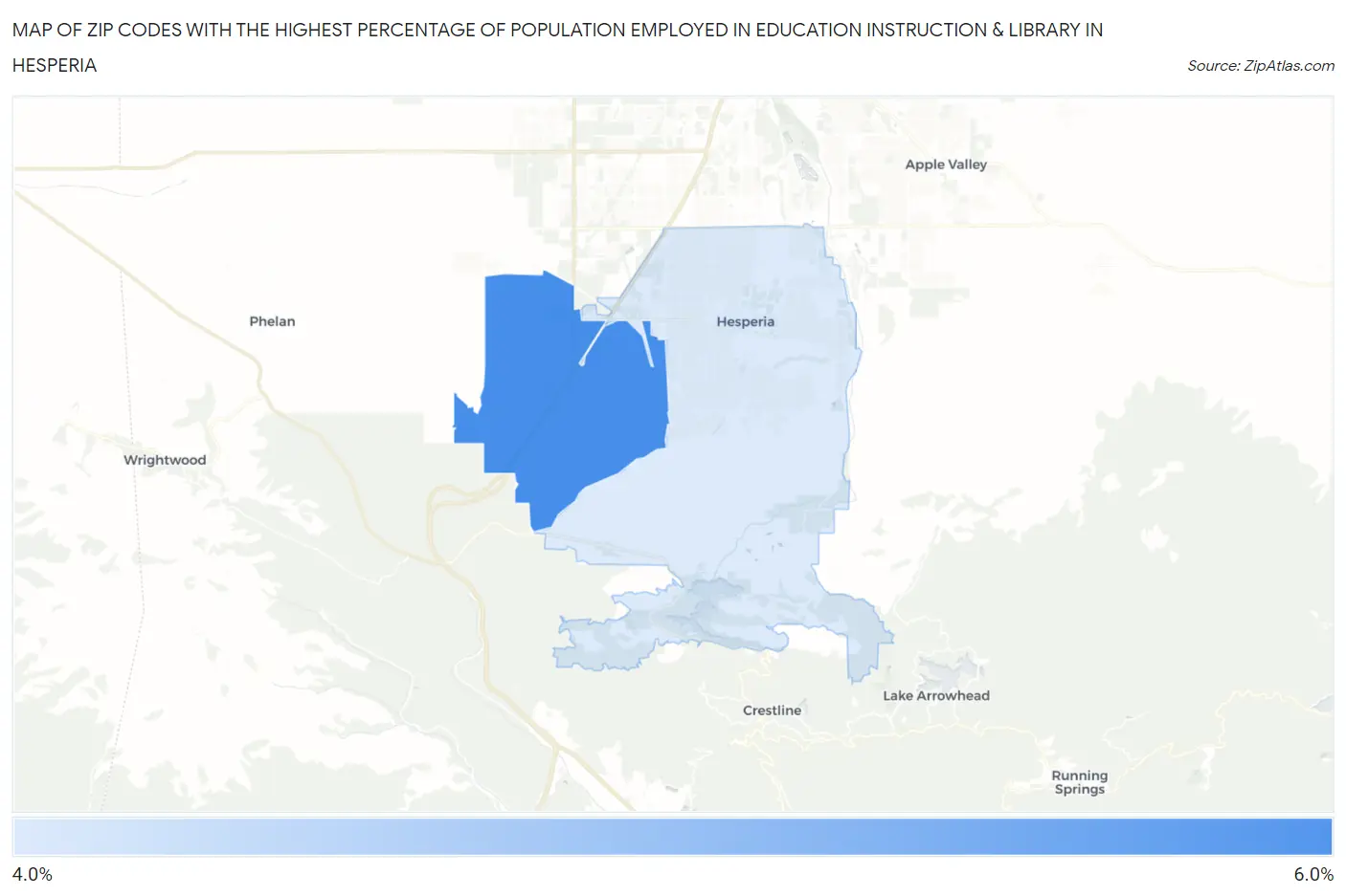 Zip Codes with the Highest Percentage of Population Employed in Education Instruction & Library in Hesperia Map