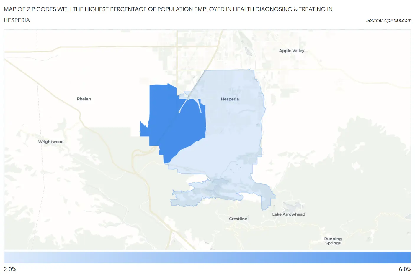Zip Codes with the Highest Percentage of Population Employed in Health Diagnosing & Treating in Hesperia Map
