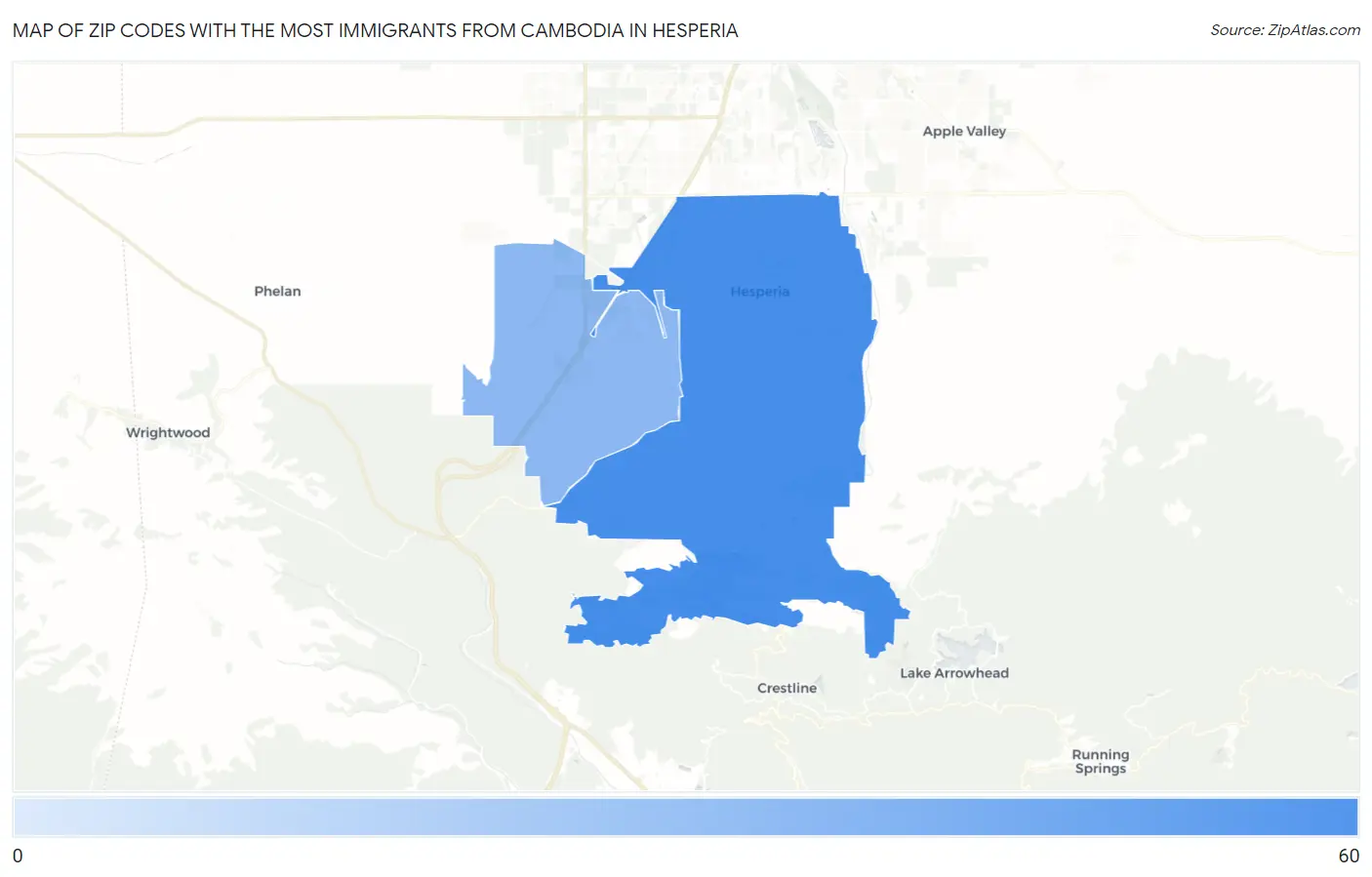 Zip Codes with the Most Immigrants from Cambodia in Hesperia Map