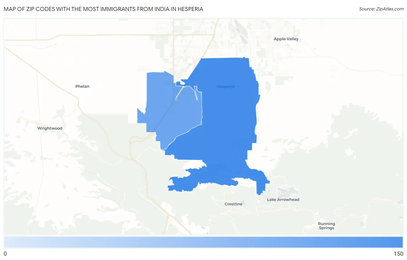 Zip Codes with the Most Immigrants from India in Hesperia Map